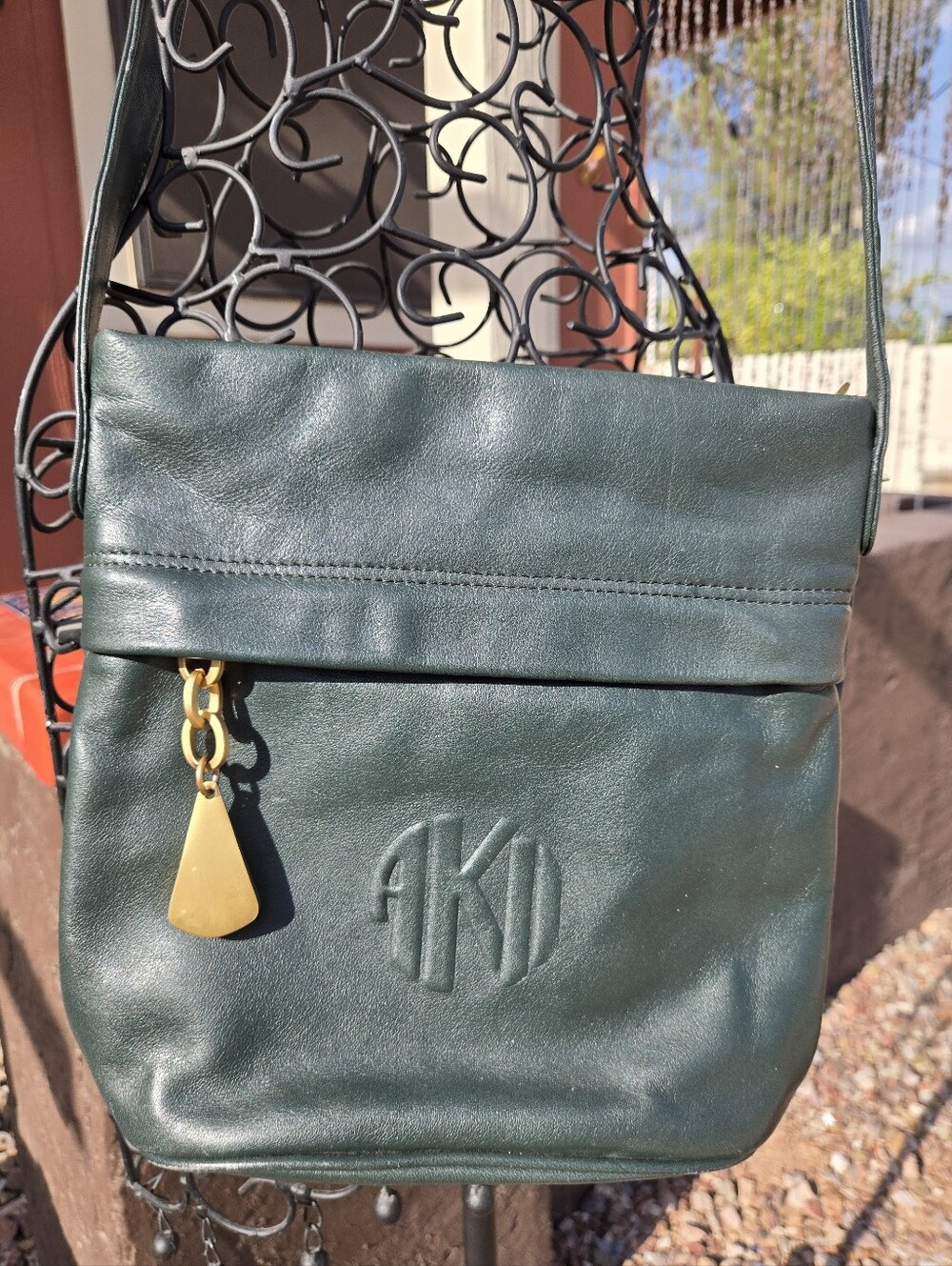 Vintage Anne Klein Dark Green Leather Crossbody Bag with Gold Accent